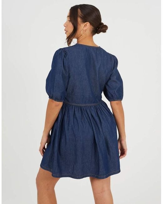 Brave Soul Blue Chambray Short Puff Sleeve Mini Dress