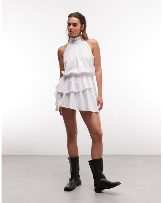 Aria Cove White High Neck Frill Detail Tiered Drape Detail Mini Dress