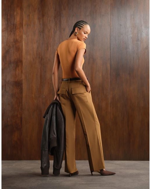 ASOS Brown Tailored Mid-rise Relaxed Pants With Belt And Split Hem