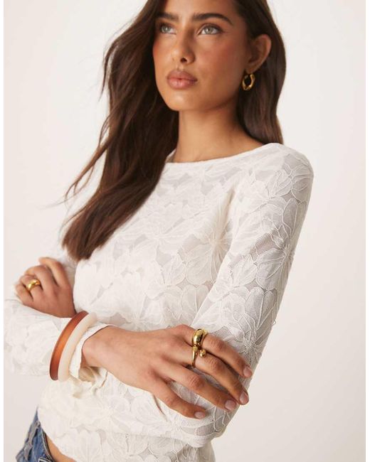 Gina Tricot White Sheer Long Sleeve Lace Top With Fluted Sleeves