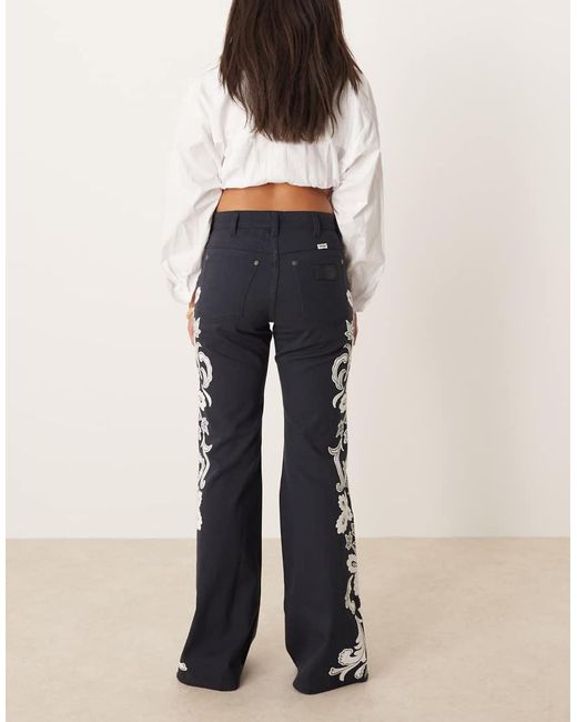 Wrangler White 70s Flare Jeans With Floral Embriodery