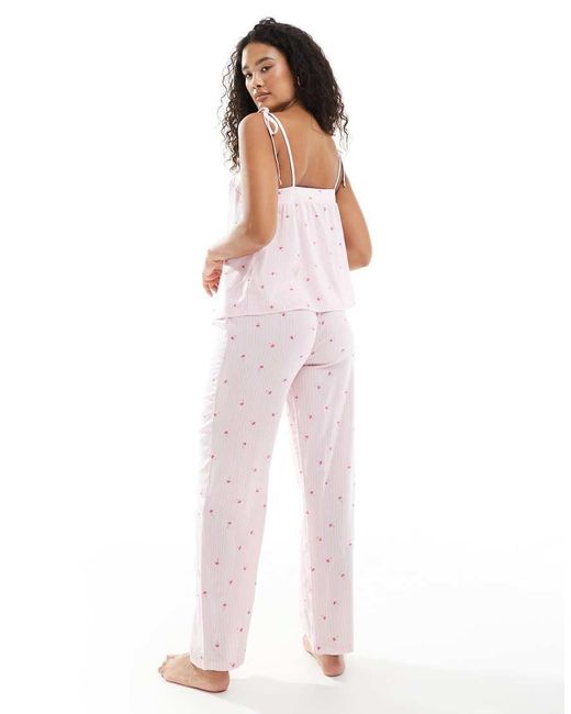 Loungeable White Striped Palm Tie Shoulder Cami And Trouser