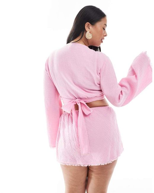 ASOS Pink Asos Design Curve Callie Cheesecloth Frayed Wrap Front Beach Shirt