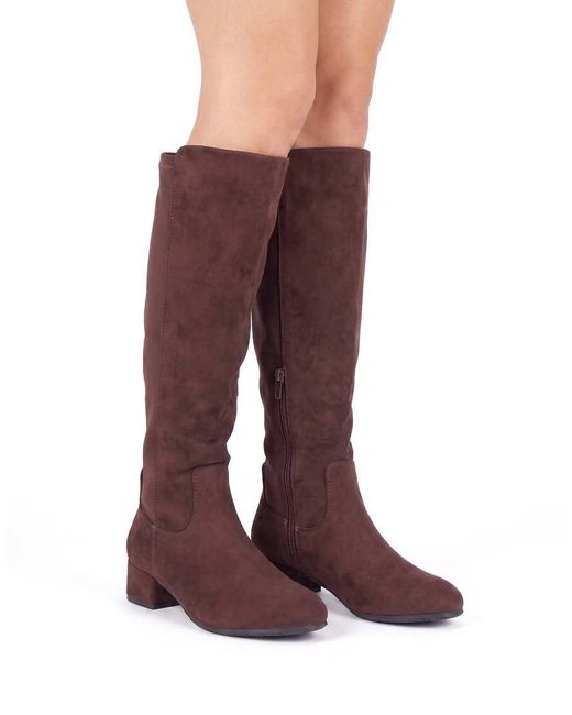 SEQWL Wide Fit Red Knee High Boots With Block Heel And Zip Closure