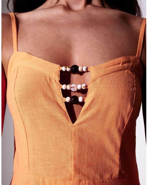 South Beach Orange Linen Blend Midi Dress With Bead Detail