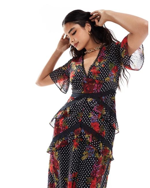 Jarlo all over contrast floral lace embroidered midi dress with ruffle hem detail in multi hotsell