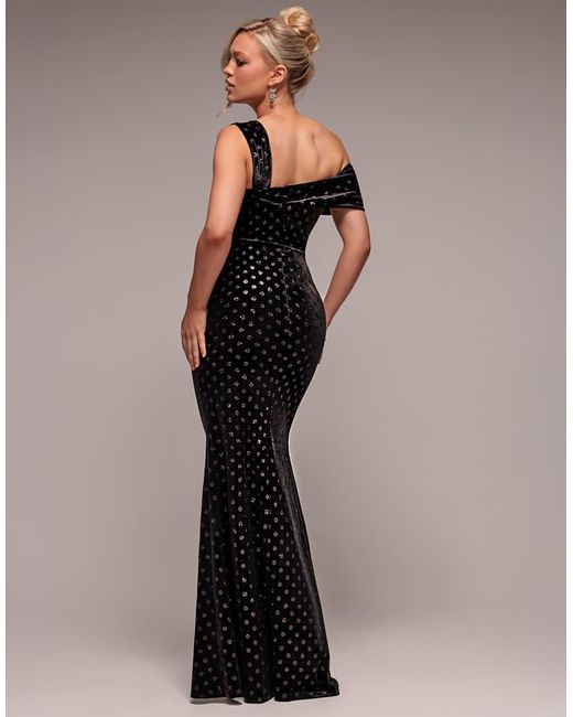 Goddiva Black Glitter Polka Dot Velvet One Shoulder Maxi Dress