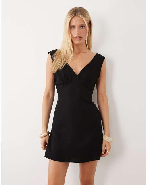 ASOS Black Linen Blend V Neck Halter Mini Dress