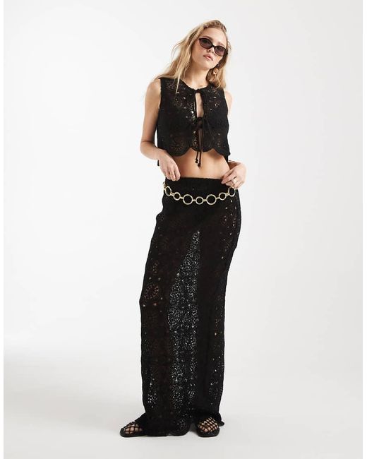 4th & Reckless Black Crochet Floral Tie Front Cropped Beach Waistcoat Co-ord