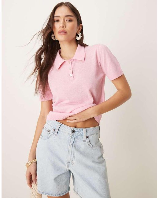 Mango Compact Gebreide Cropped Polo in het Pink