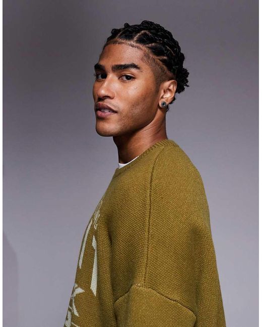 ASOS Green Super Oversized Knit Sweater With Motocross Text for men