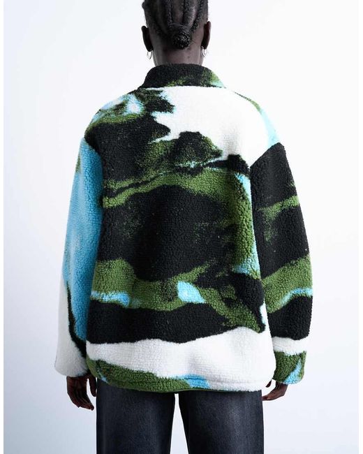TOPSHOP Blue Abstract Trend Printed Borg Fleece Jacket