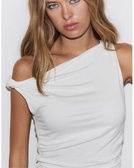 Stradivarius White Asymmetric Gathered T-Shirt