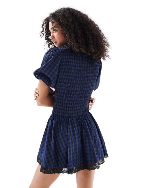 Daisy Street Blue Shirred V Neck Mini Dress With Ties