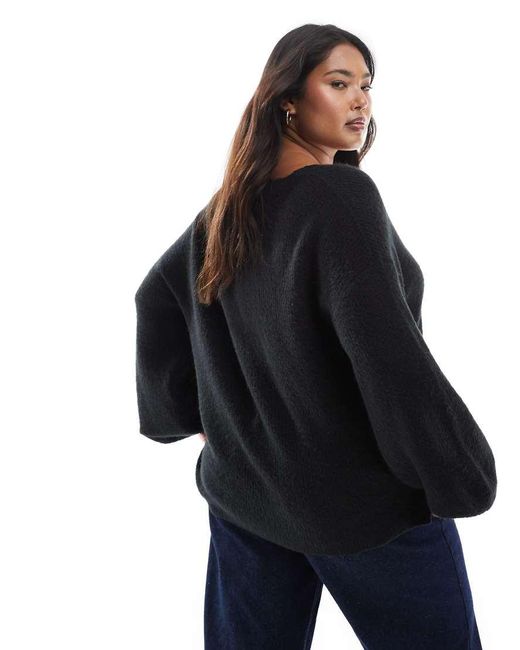 Threadbare Black Plus Fluffy V-neck Slouchy Sweater
