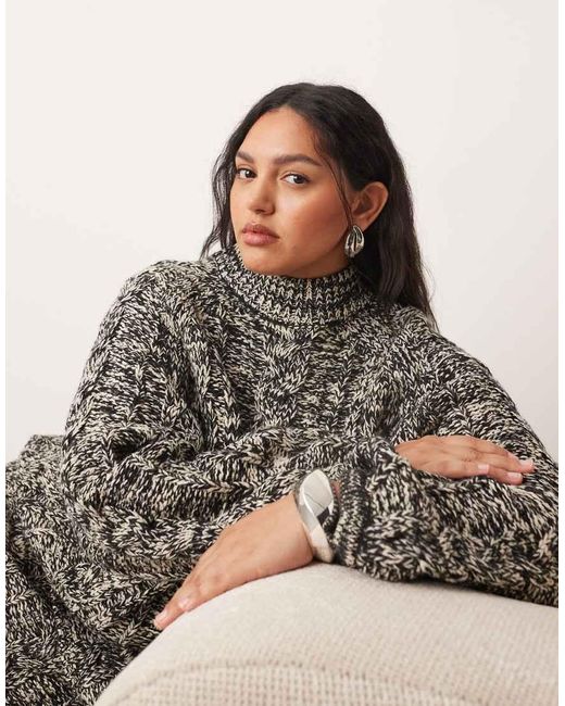 ARRANGE Brown Curve Cable Knit High Neck Jumper With Volume Sleeve