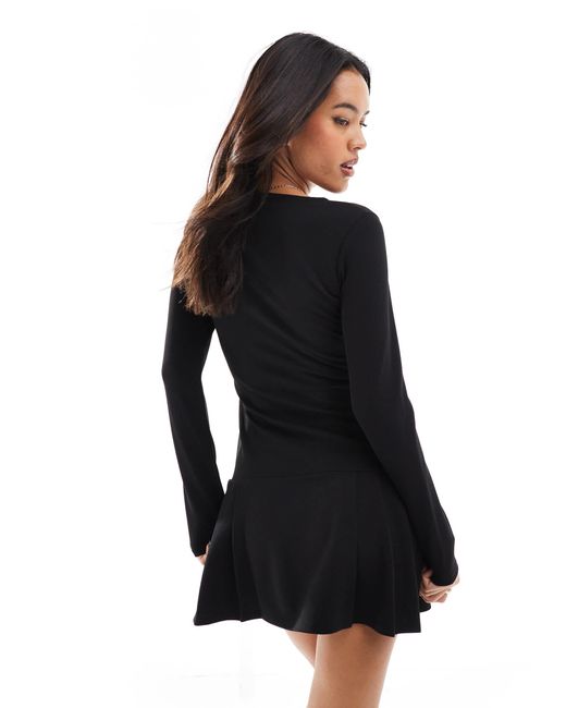 Miss Selfridge Black Drop Waist Long Sleeve Pleated Mini Dress