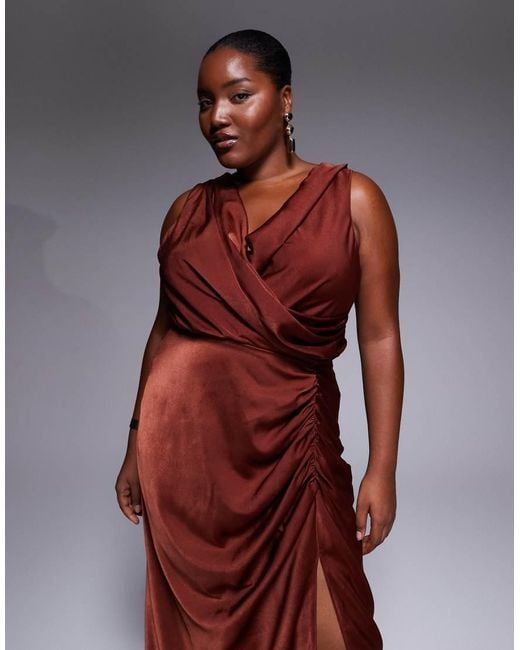 ASOS Red Asos Design Curve Satin Drape Front Split Detail Maxi Dress