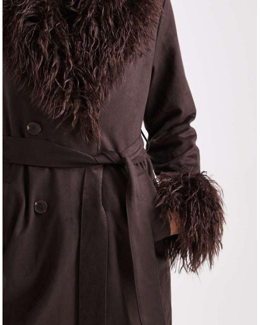New Look Black Belted Suedette Faux Fur Mixed Coat