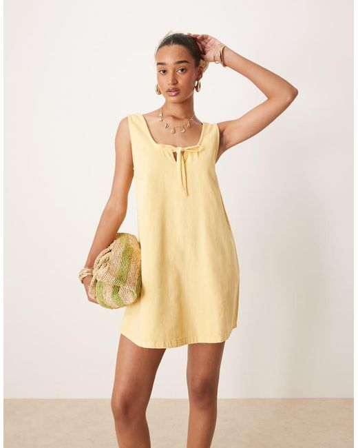 ASOS Natural Denim Scoop Mini Dress With Bow Front