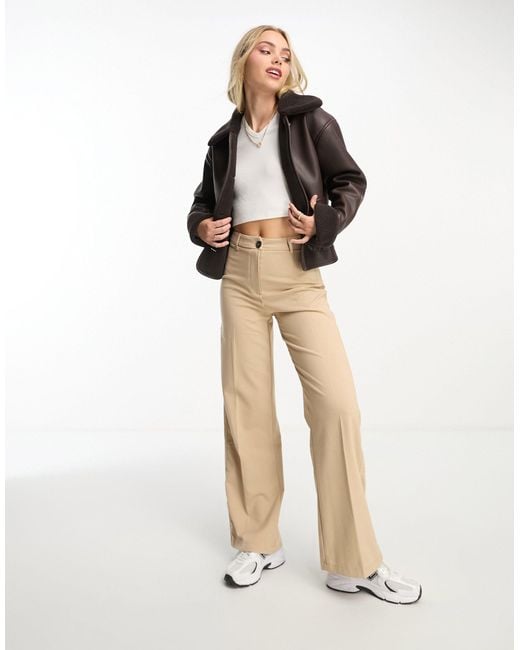 Monki Brown Cropped Faux Leather And Shearling Jacket