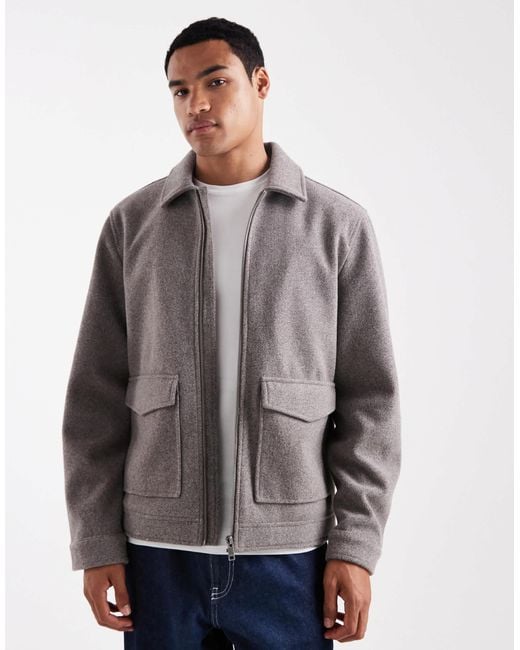 Threadbare Gray Wool Look Jacket With Collar And Zip Front for men
