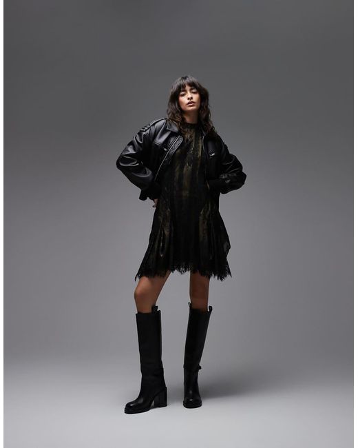 Vestido Corto Negro Y Dorado De Encaje Y Tul Fleur De AllSaints de color Black