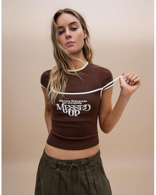 Bershka Brown Double Short Sleeve T-Shirt With Contrast Print
