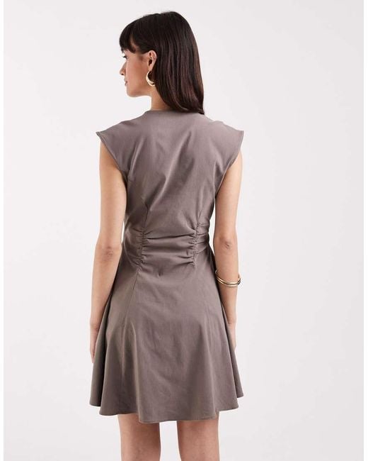 ASOS Brown V-neck Ruched Waist Bengaline Mini Dress