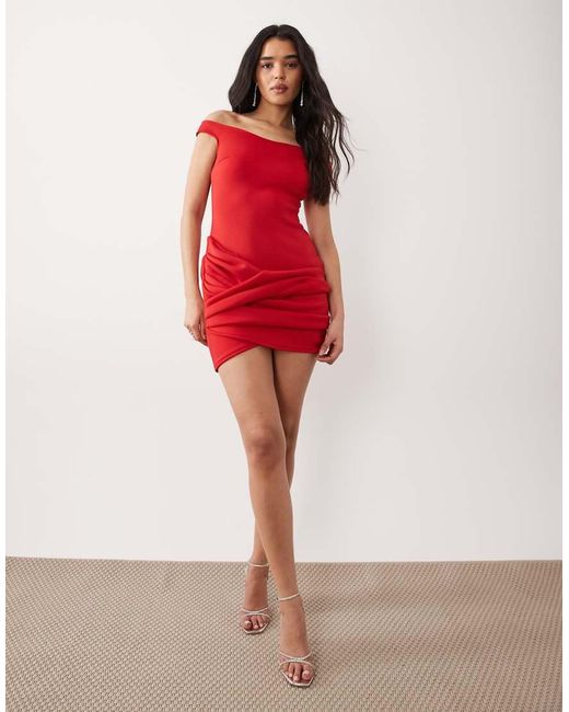 ASOS Red V-bardot Mini Dress With Manipulated Skirt