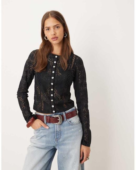 Free People Black Jae Knit Long Sleeve Button Up Top