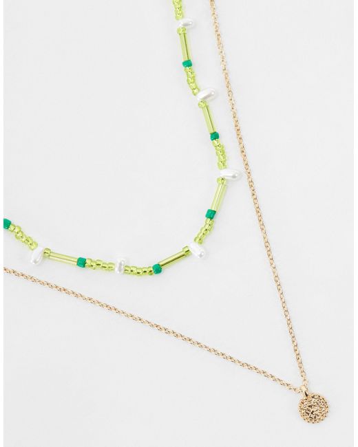ASOS Brown Pack Of 2 Necklaces With Green Bead And Disk Design