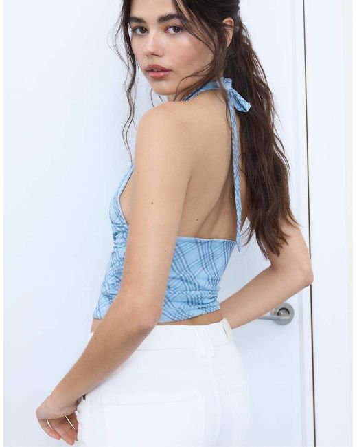 Stradivarius Blue Printed Red Halter Top