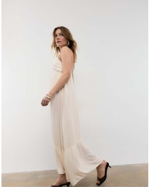 Stradivarius Natural Long Crepe Dress With Beading Straps