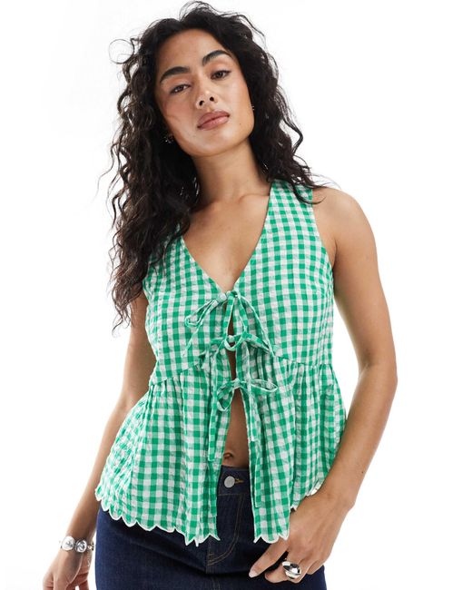 New Look Green Gingham Short Sleeve Tie Front Shell Top
