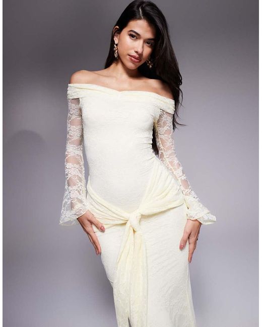 Kaiia Purple Exclusive Double Layered Slinky Lace Bardot Flare Sleeve Tie Waist Drape Detail Maxi Dress