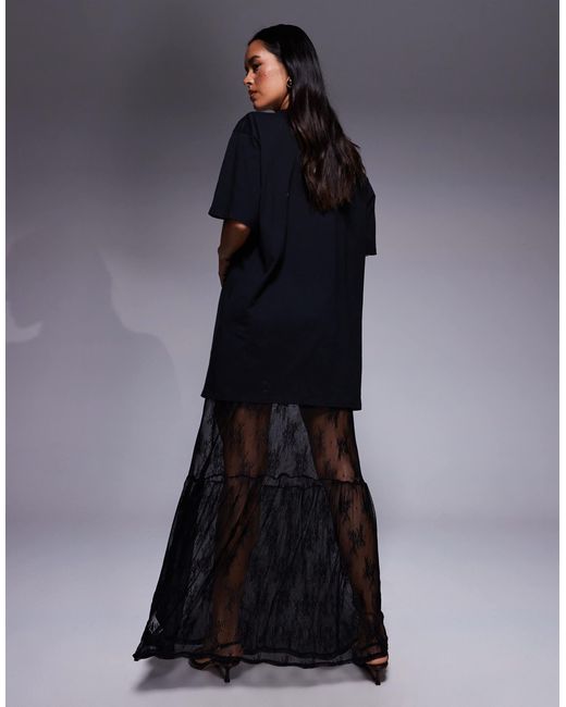 Fashionkilla Blue Exclusive Cotton Lace Tiered Hem Maxi T-shirt Dress