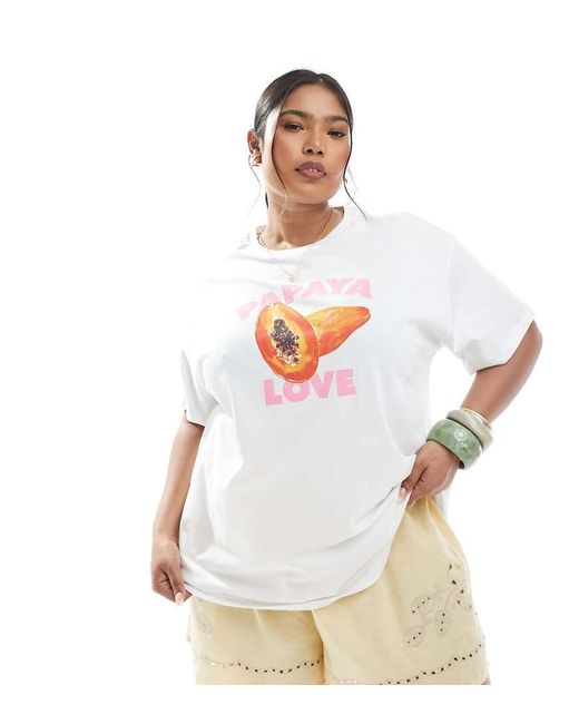 Pieces Plus White Pieces Curve Oversized T-shirt With Papaya Love Graphic