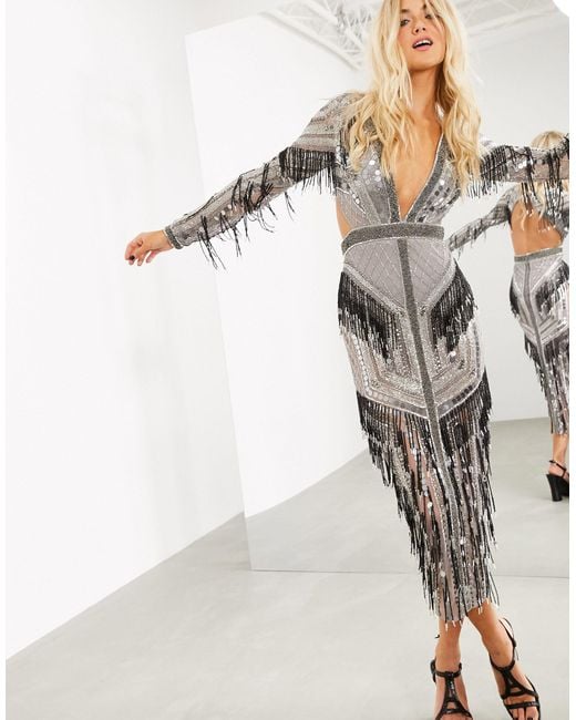 ASOS Gray Graphic Beaded Fringe Plunge Midi Dress