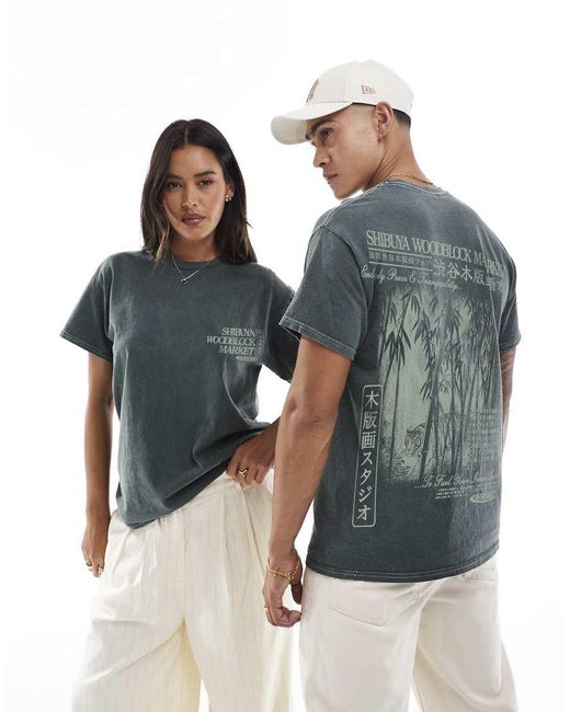 PRNT Blue Shibuya Woodblock Market Front And Back Print Washed T-Shirt