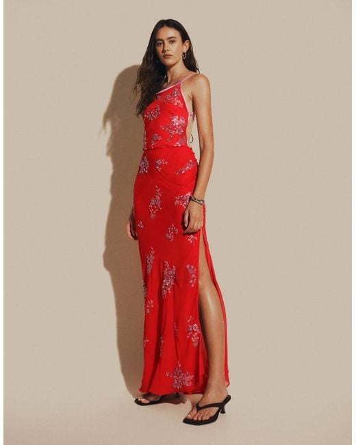ASOS Red Ditsy Embellished Bias Semi Sheer Chiffon Maxi Dress With Open Back