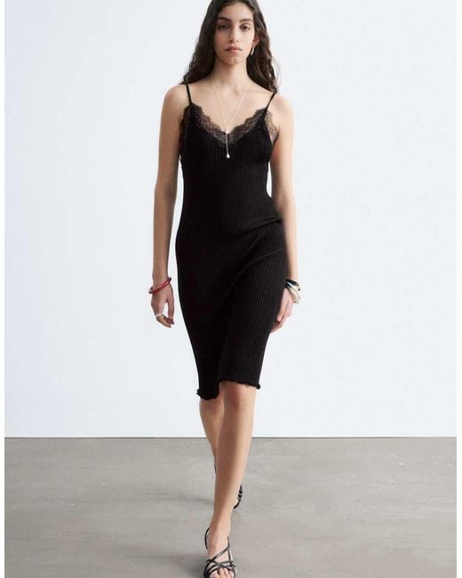 & Other Stories Black Knitted Cami Midi Dress With Lace Neckline Detail