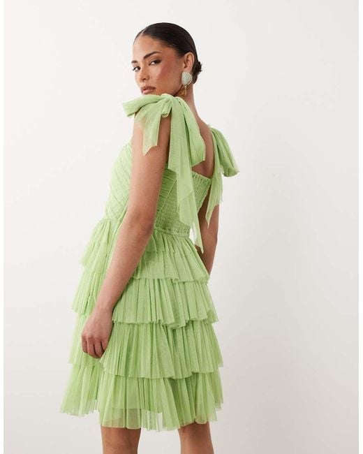 LACE & BEADS Green Ophelia Tie Sleeve Ruched Tiered Mini Dress