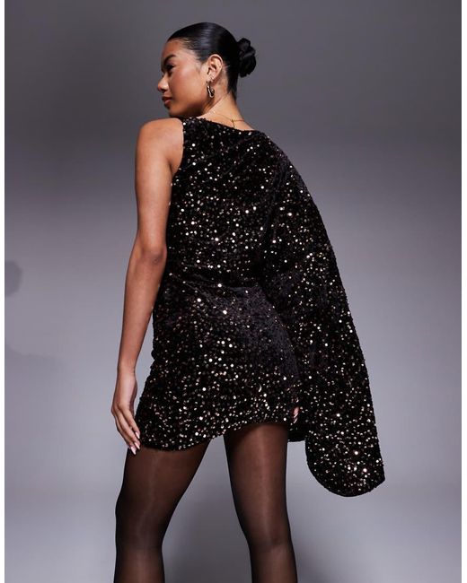 ASOS Blue Velvet Sequin exaggerated One Sleeve Mini Dress