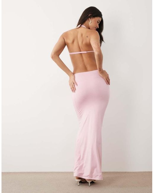 Aria Cove Pink Double Layered Slinky High Neck Open Back Detail Maxi Dress