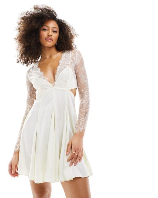 ASOS White Satin Cut Out Waist Mini Dress With Lace Detail