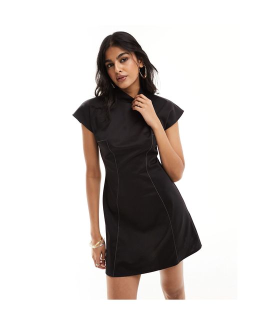ASOS Black High Neck Mini Dress With Capped Sleeve & Seam Detail
