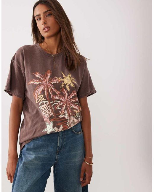 Miss Selfridge Brown Oversized T-shirt With Seaside Print