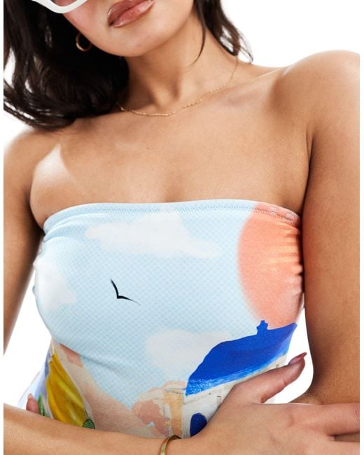 & Other Stories Blue Bandeau Printed Swimsuit With Removable Straps