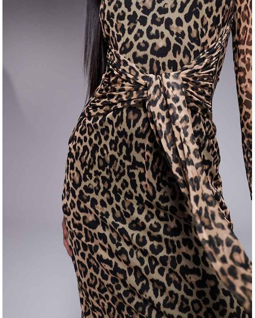 Never Fully Dressed Halflange Jurk Van Mesh Met Gestrikte Voorkant En Luipaardprint in het Brown